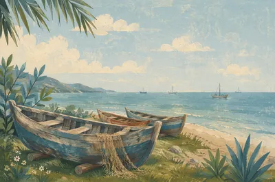 Calming Coastal Boats on Light Blue Shore