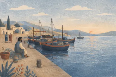 Calming Dawn Waterfront With Moored Fishing Boats