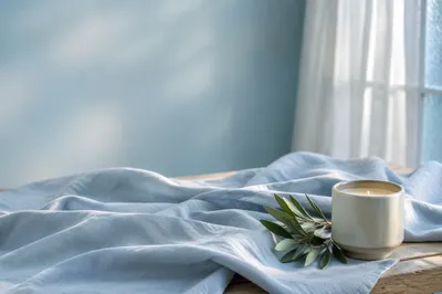 Pale Blue Linen by Frosted Window