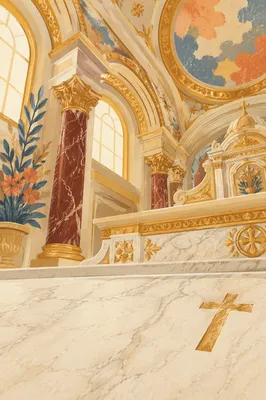 White Marble Sanctuary with Gold Cross Accent