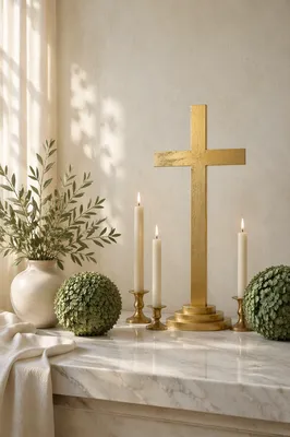 Gold Cross on White Marble Background