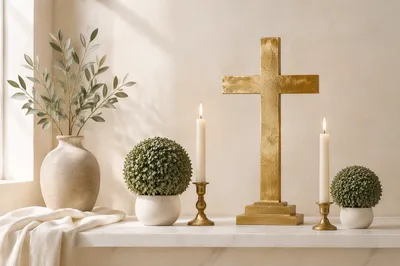 Gold Cross Accent on White Marble