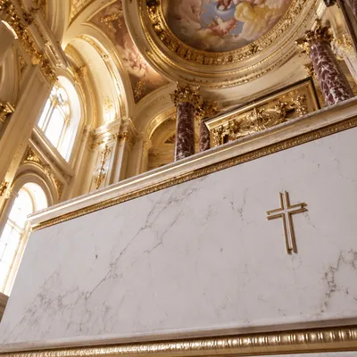 White Marble Church Interior With Gold Cross