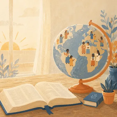 Globe on Open Book at Sunrise