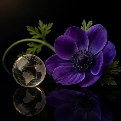 Violet Anemone and Glass Globe Background