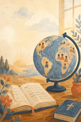 Globe on Open Book at Sunrise