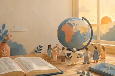 Globe on Open Book at Sunrise
