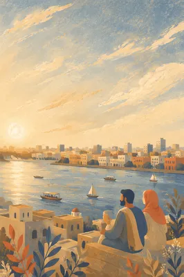 Reflective Riverfront City Sky Background