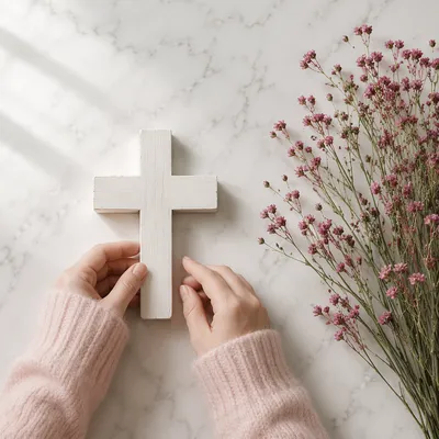 Minimal White Cross with Magenta Wildflowers