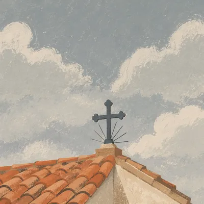 Minimalist Cross on Terracotta Church Roof