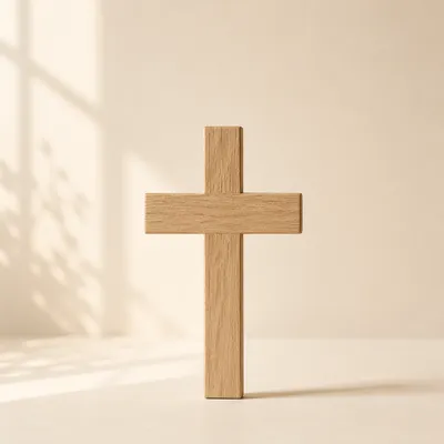 Minimal Wooden Cross on Warm Ivory Background
