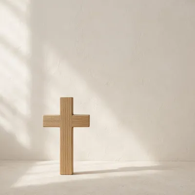 Minimal Wooden Cross on Off White Background