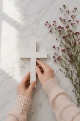 Minimalist White Cross with Magenta Wildflowers