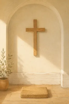 Minimal Wooden Cross in Quiet Chapel Alcove
