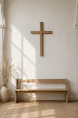 Minimal Wooden Cross in Quiet Chapel