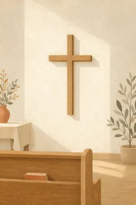 Minimal Wooden Cross on White Chapel Wall