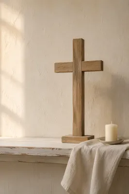 Minimal Wooden Cross on Quiet Church Shelf