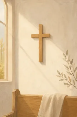 Minimalist Wooden Cross on Chapel Wall