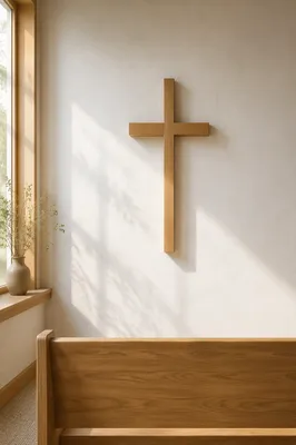 Minimalist Wooden Cross in Quiet Chapel