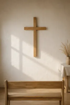 Minimal Wooden Cross on Chapel Wall