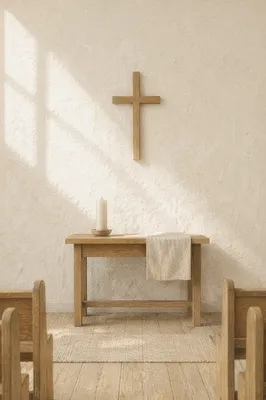 Minimalist Wooden Cross on Chapel Wall