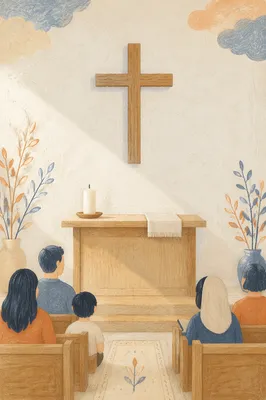 Minimalist Wooden Cross in Quiet Chapel