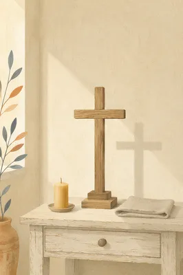 Minimal Wooden Cross on Cream Chapel Wall