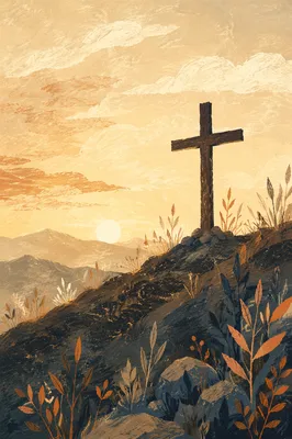 Minimalist Wooden Cross on Dawn Hillside