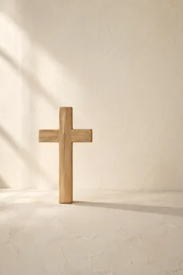 Minimal Wooden Cross on Warm Ivory Background