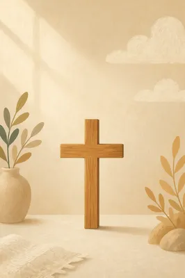 Minimal Wooden Cross on Warm Plaster