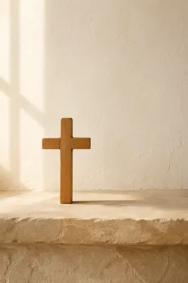 Minimal Wooden Cross on Warm Plaster Background