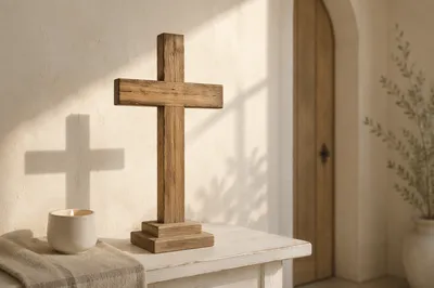 Minimal Wooden Cross on Chapel Shelf