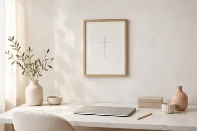 Minimalist Cross Frame on Calm Desk