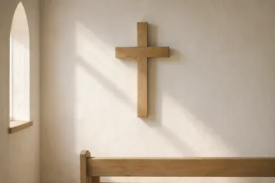 Minimal Wooden Cross on Whitewashed Chapel Wall