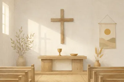 Minimal Wooden Cross in Quiet Chapel