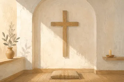 Minimal Wooden Cross on Chapel Wall