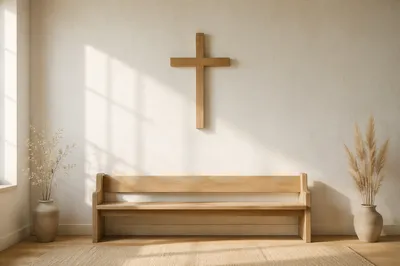 Minimal Wooden Cross in Quiet Chapel