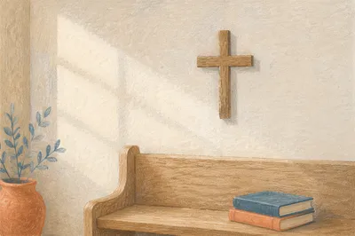 Minimal Wooden Cross in Quiet Chapel Corner