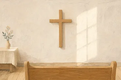 Minimal Wooden Cross in Quiet Chapel