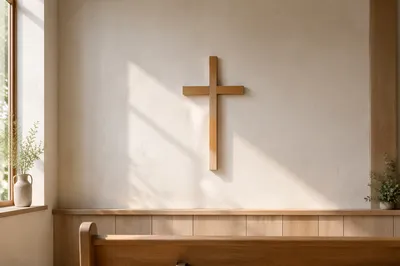 Minimalist Wooden Cross on Chapel Wall