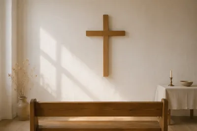 Minimal Wooden Cross on Chapel Wall