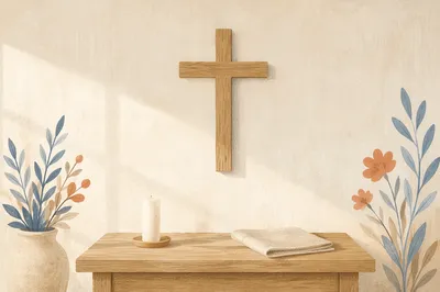 Minimal Wooden Cross in Quiet Chapel