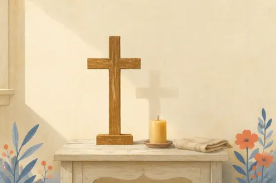 Minimal Wooden Cross on Chapel Table