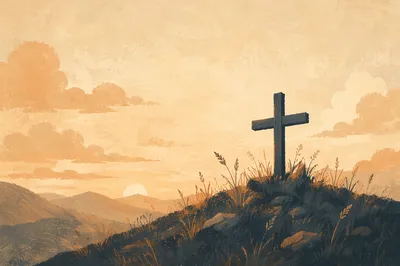 Minimalist Wooden Cross on Dawn Hillside