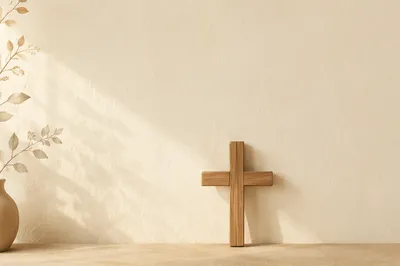 Minimalist Wooden Cross on Cream Background