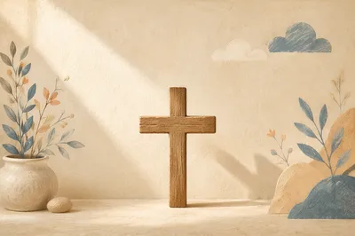 Minimalist Wooden Cross on Ivory Background