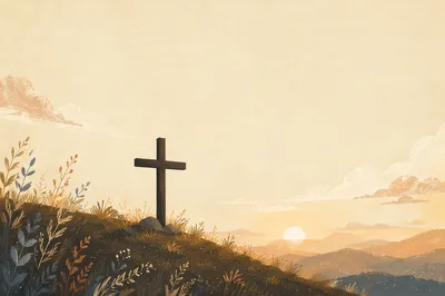 Minimal Wooden Cross on Serene Sunrise Hill