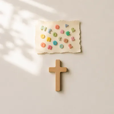 Minimalist Wooden Cross on Cream Tabletop