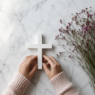 Minimalist White Cross on Marble Background