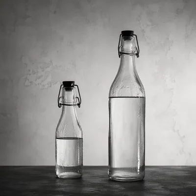 Minimalist Glass Water Bottles on Gray Background